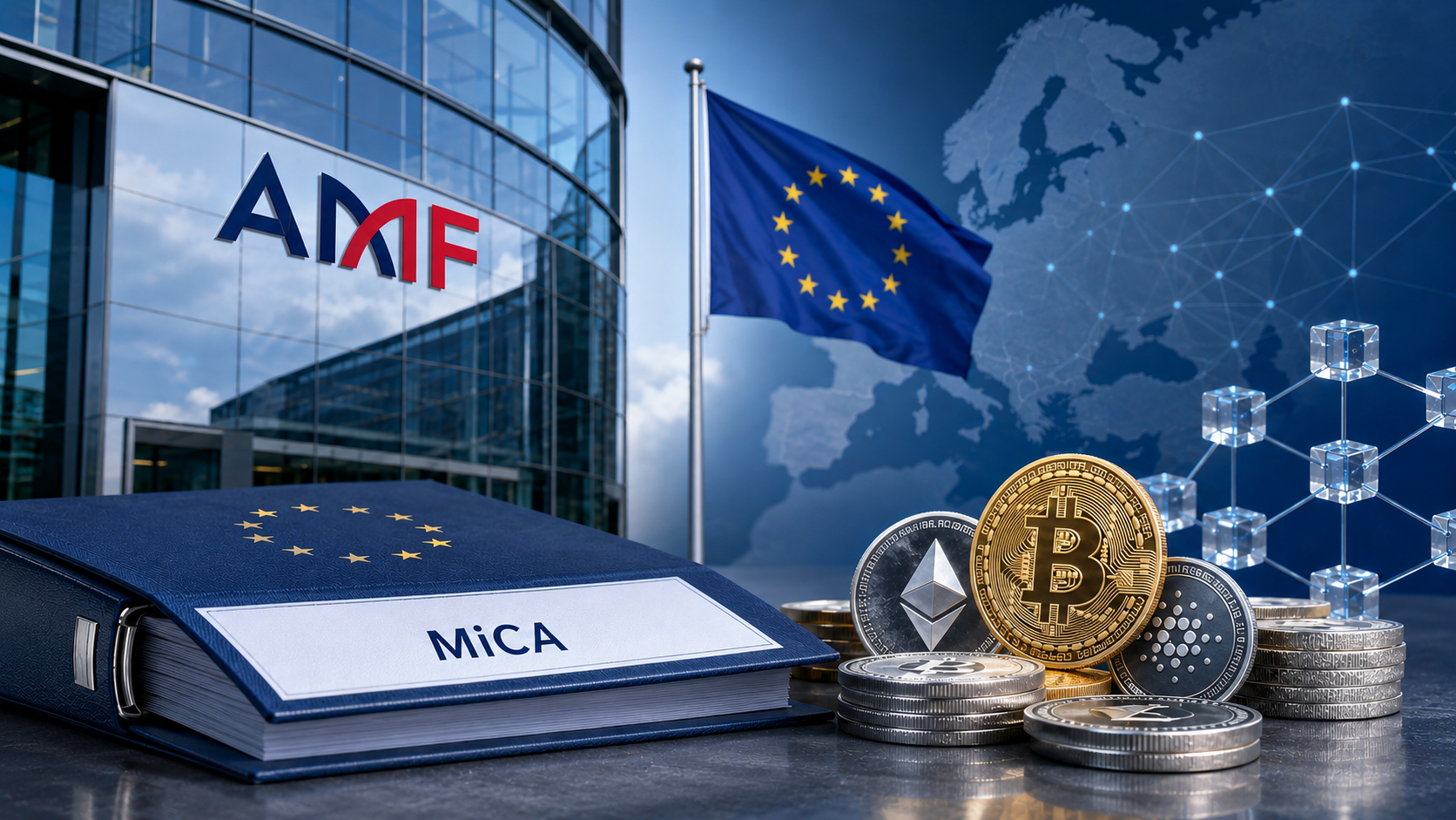 Illustration professionnelle de la réglementation européenne MiCA sur les crypto-actifs, avec le logo AMF affiché sur un bâtiment institutionnel, un drapeau de l’Union européenne, une carte de l’Europe en arrière-plan et plusieurs cryptomonnaies symbolisant la supervision du marché crypto en France et en Europe.