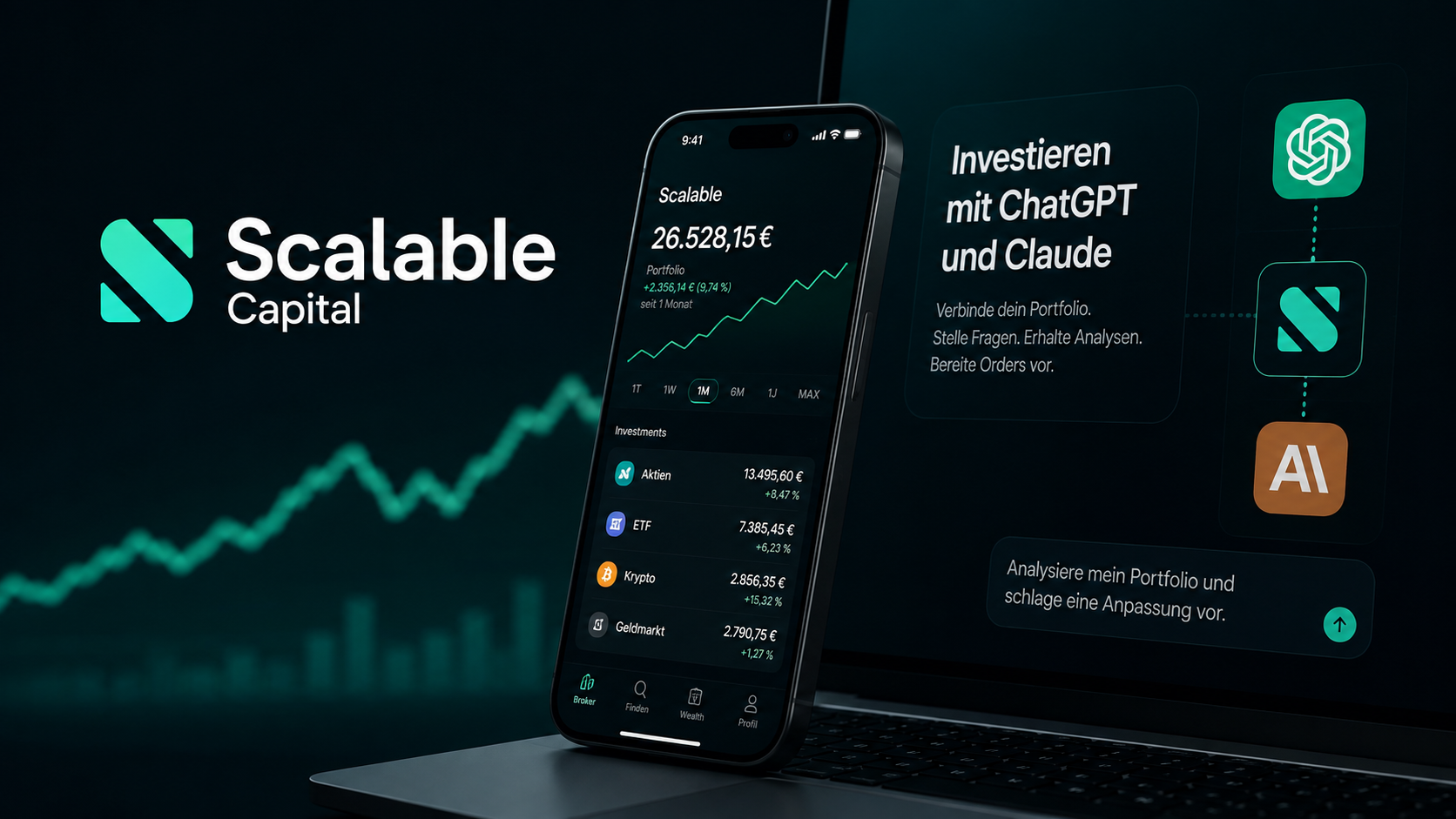 Scalable Capital connecté à ChatGPT et Claude, avec interface de portefeuille d’investissement et outils d’intelligence artificielle pour analyser et préparer des ordres.