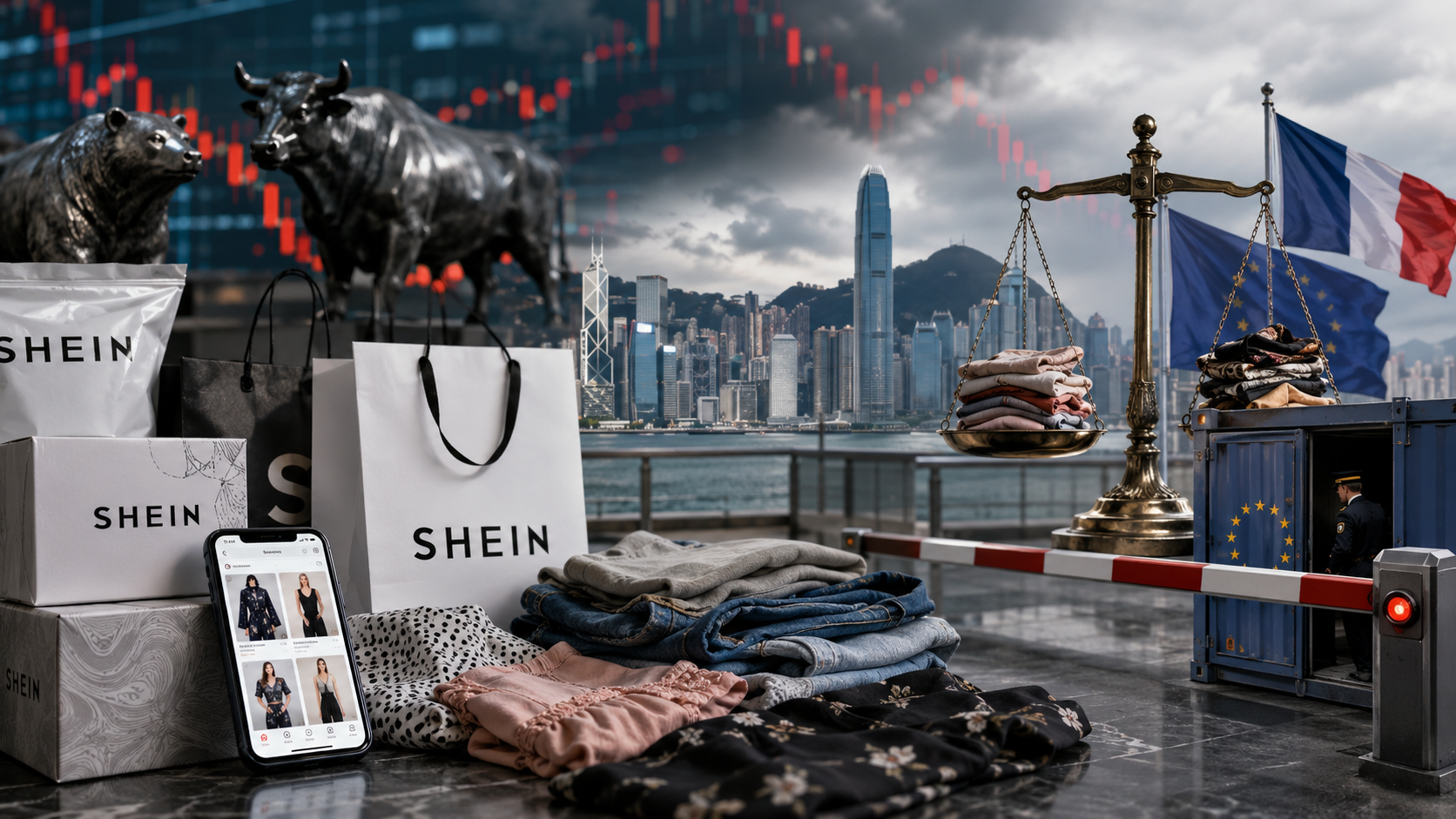 Shein face à la Bourse de Hong Kong et au durcissement réglementaire en France et en Europe, avec vêtements, colis de mode, marchés financiers et symboles de contrôle européen illustrant la pression sur le modèle économique de l’ultra-fast fashion.