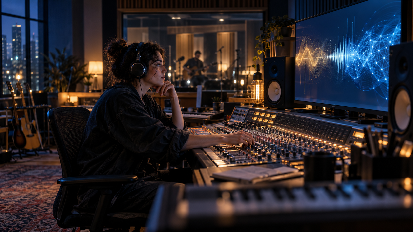 Une productrice musicale travaille au casque dans un studio face à une interface de création sonore par intelligence artificielle affichant des ondes bleues et dorées.