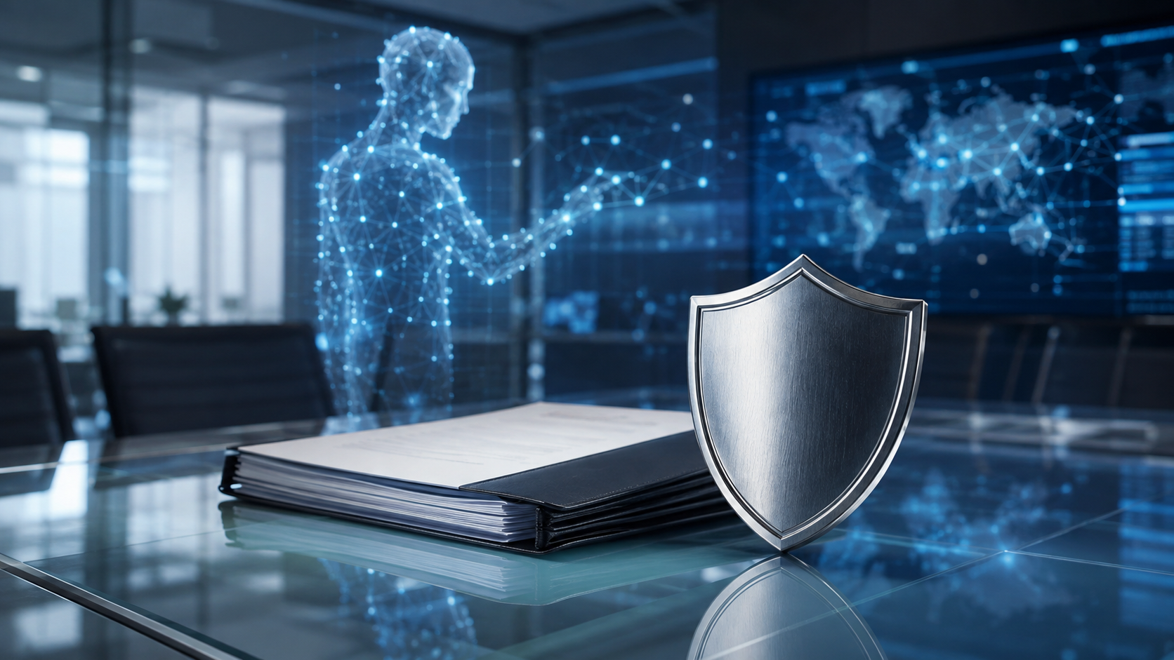 Illustration professionnelle d’un agent IA autonome connecté à un réseau d’entreprise, avec un bouclier métallique et un dossier de contrat d’assurance cyber, représentant l’adaptation des assureurs aux nouveaux risques liés à l’intelligence artificielle.