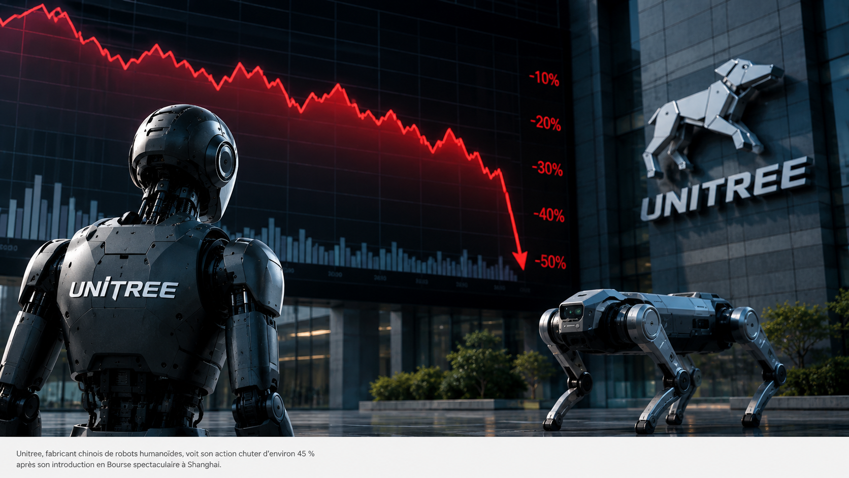 Robot humanoïde Unitree devant un graphique boursier en forte baisse, illustrant la chute d’environ 45 % de l’action Unitree après son introduction en Bourse à Shanghai.