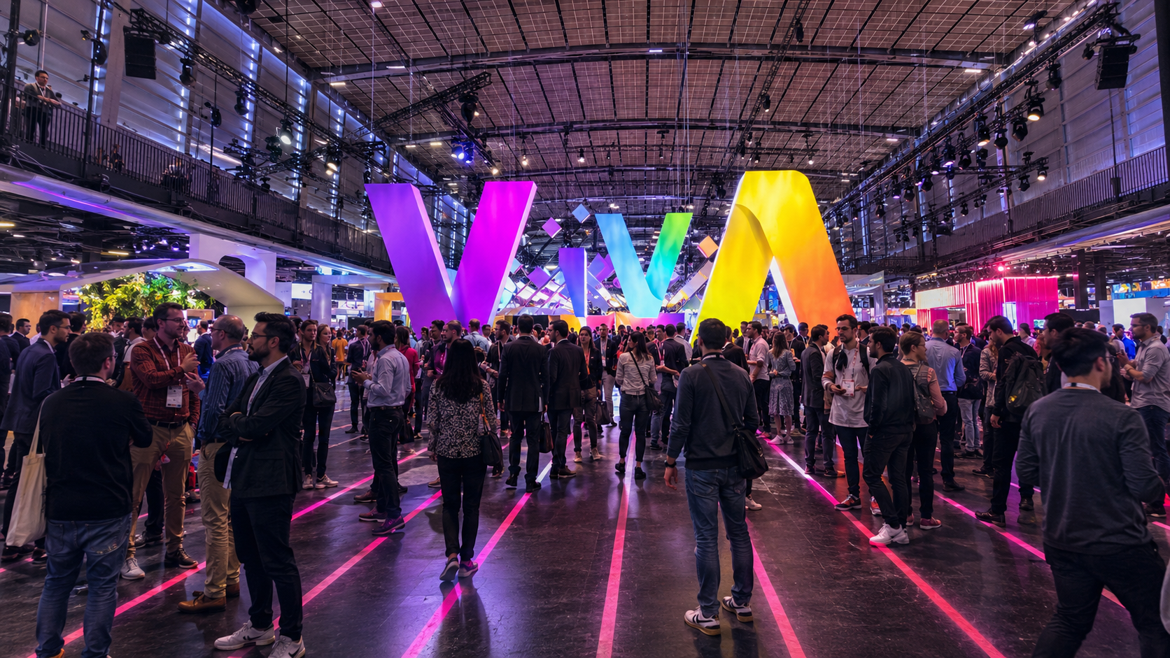 Vue d’un salon technologique inspiré de VivaTech 2026 à Paris, réunissant entrepreneurs, startups et professionnels autour d’une installation colorée.