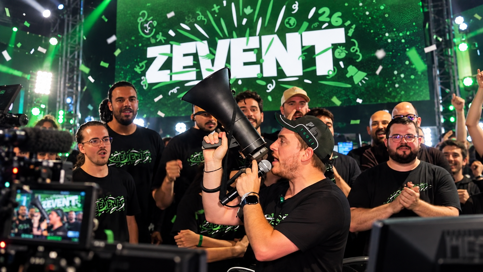 Illustration éditoriale de ZeratoR au mégaphone, entouré de streamers devant l’écran vert du ZEvent 2026 lors de la dernière édition.