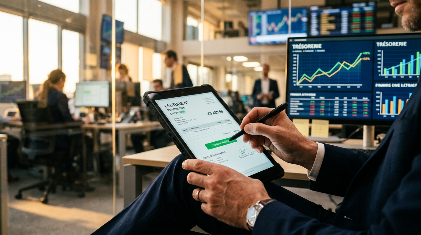 Un dirigeant de PME utilise un outil de facturation électronique pour sa gestion administrative.