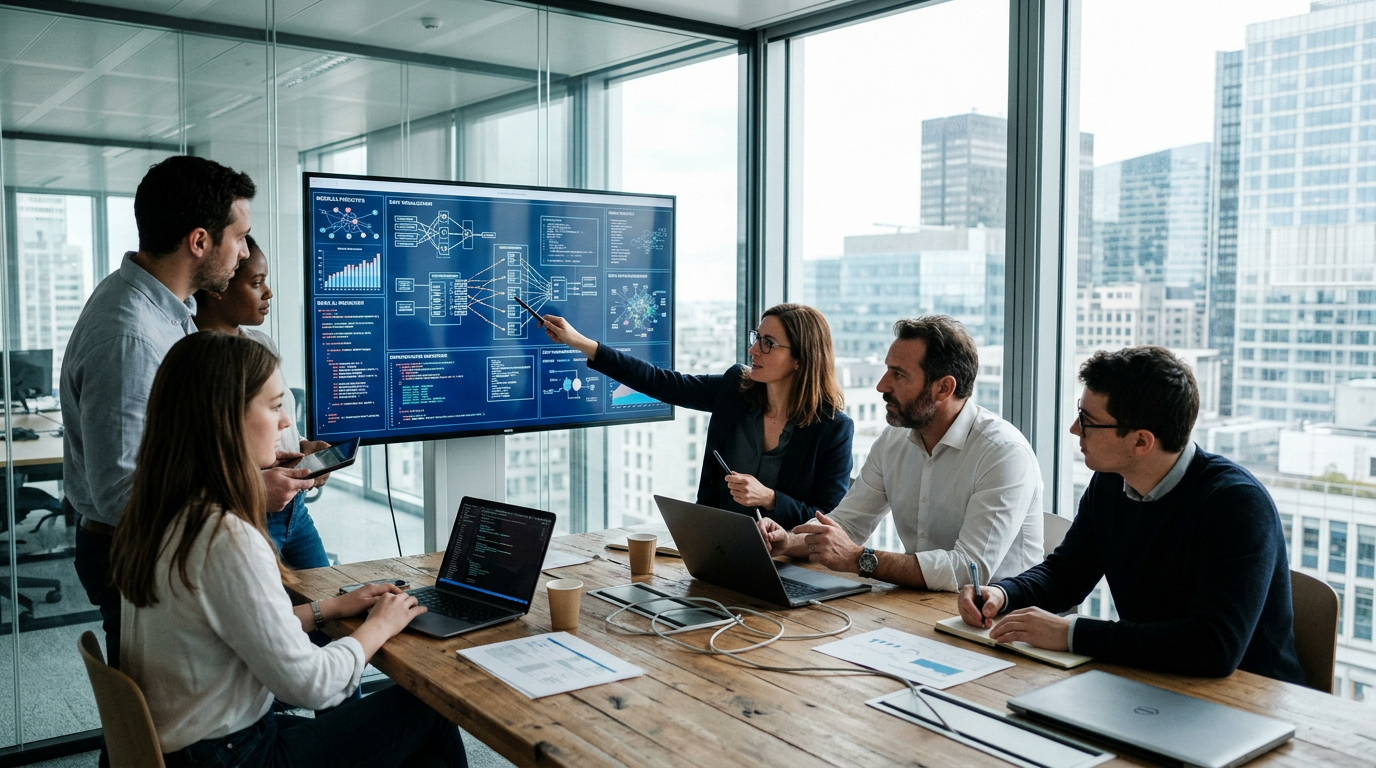 Des experts en IA travaillent sur l'intégration post-acquisition pour assurer la synergie des technologies.