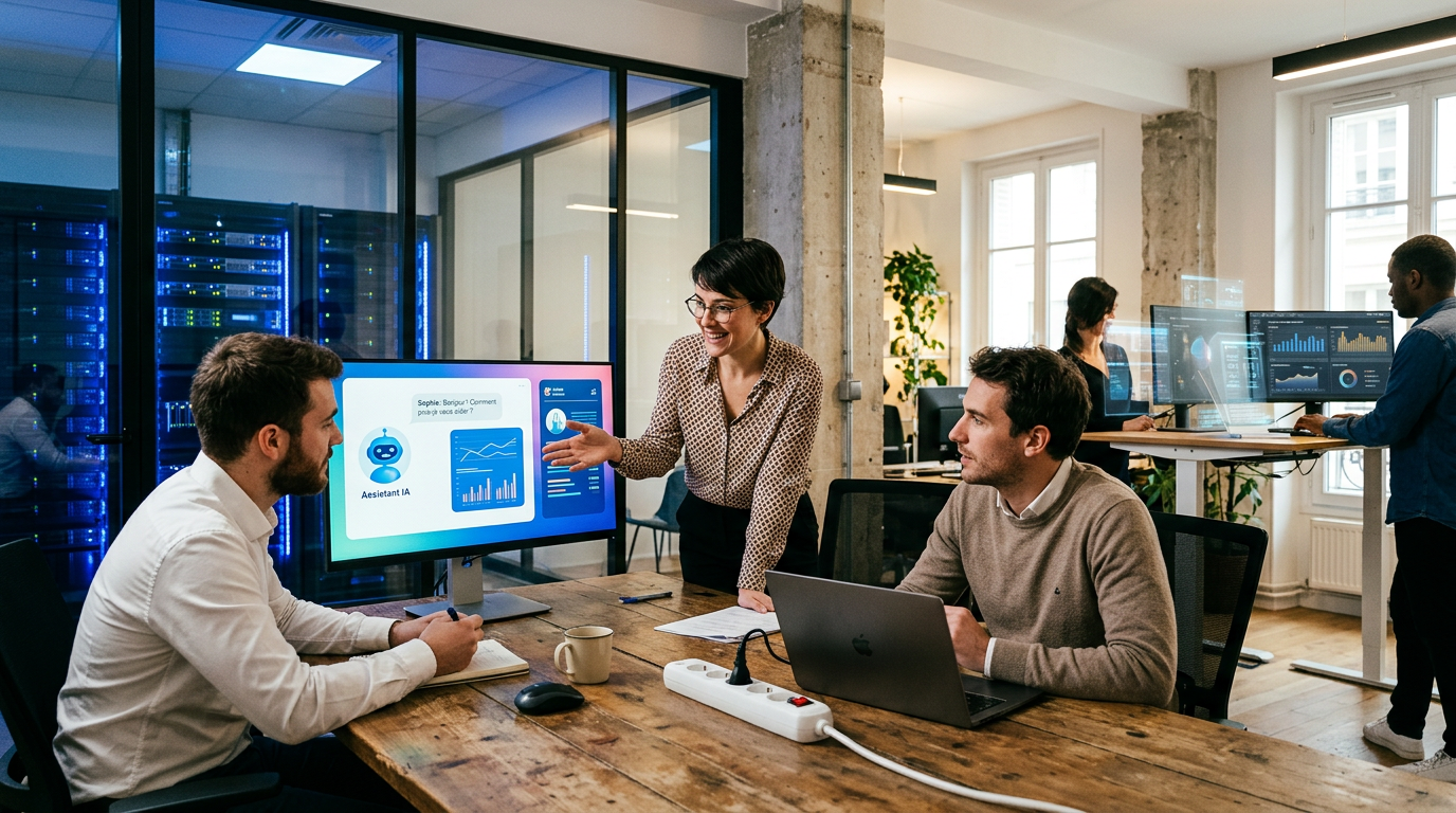Une équipe de PME discute de l'usage d'un chatbot IA pour améliorer la productivité, illustrant l'adoption de ces outils en entreprise.
