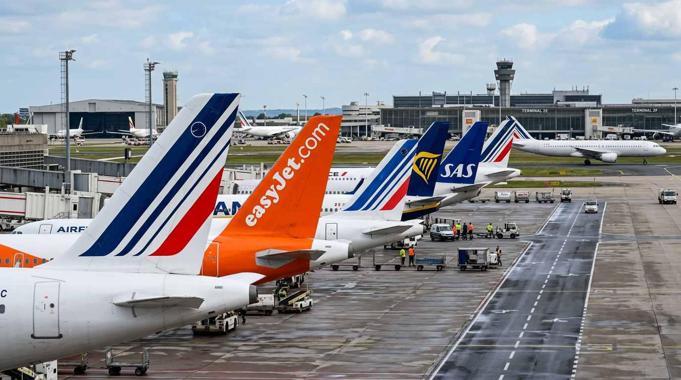 Plusieurs compagnies aériennes sur un tarmac, symbolisant l'impact différencié de la politique de subvention du secteur aérien.