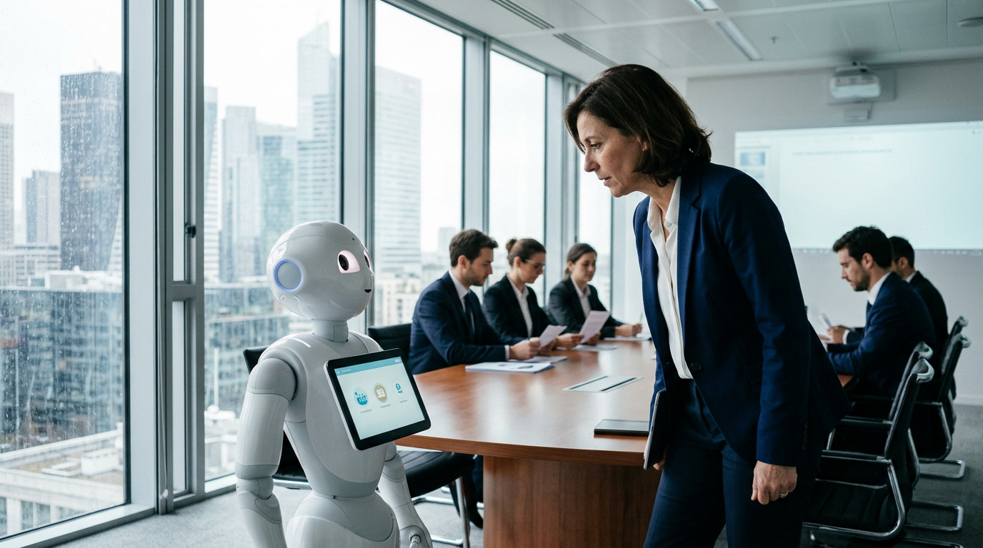 Un robot humanoïde Pepper utilisé pour l'accueil en entreprise, illustrant un cas d'usage de la robotique française.