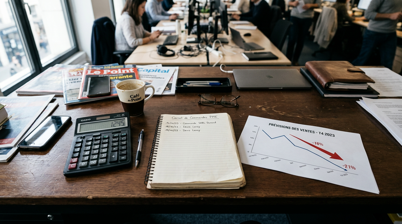 Un dirigeant de PME analyse des graphiques de prévision de ventes à la baisse, illustrant l'impact du gel de la revalorisation des allocations sur le pouvoir d'achat.