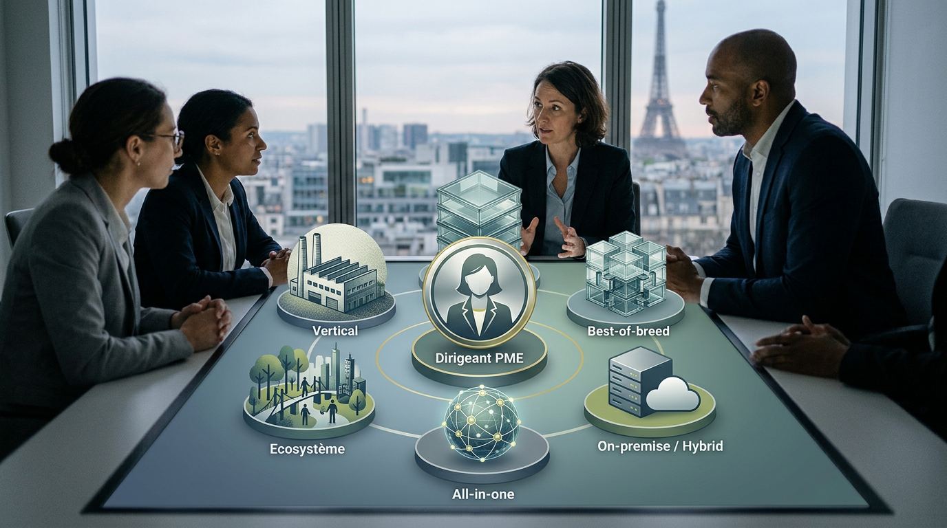 Schéma des stratégies de transformation numérique PME France : écosystème vertical, best-of-breed, open source, low-code, experts.