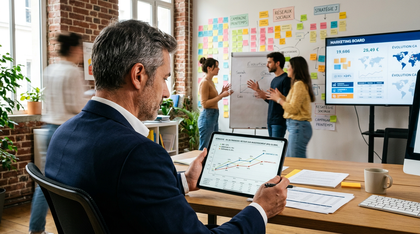Dirigeant de PME analysant la performance de ses campagnes publicitaires sur une tablette.