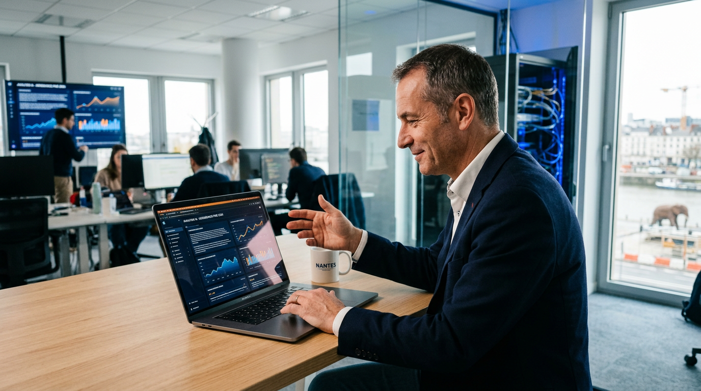 Un entrepreneur utilise un outil d'IA générative B2B pour optimiser ses processus métiers.