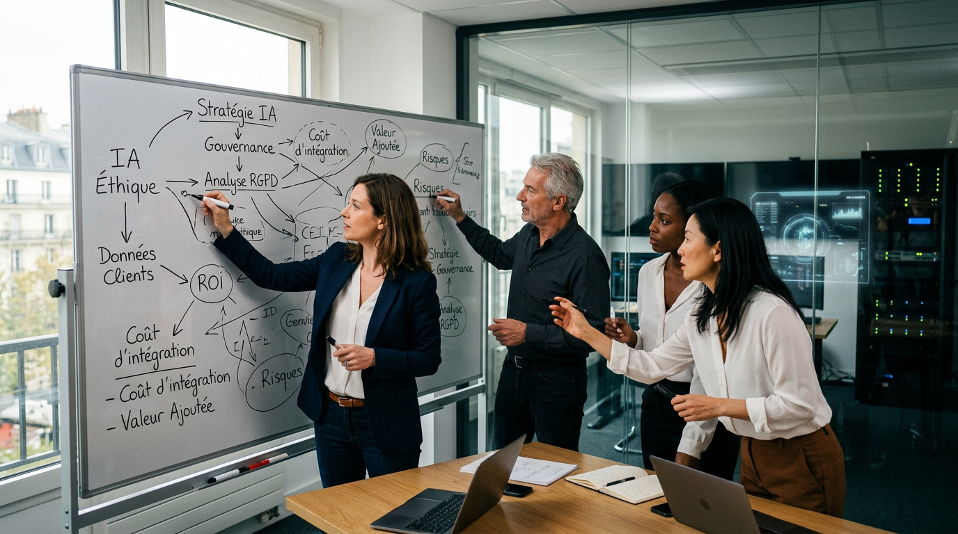 Des dirigeants de PME en France élaborent une analyse stratégique IA pour leur entreprise.