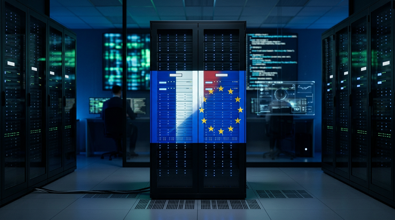 Serveur de données illustrant la sécurité des données et l'importance d'une IA souveraine en France.