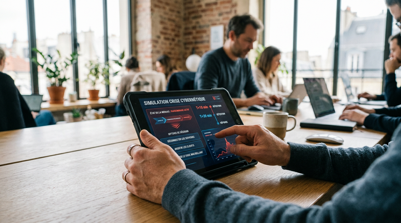L'interface d'une simulation d'attaque informatique pour former les équipes à la gestion de crise.