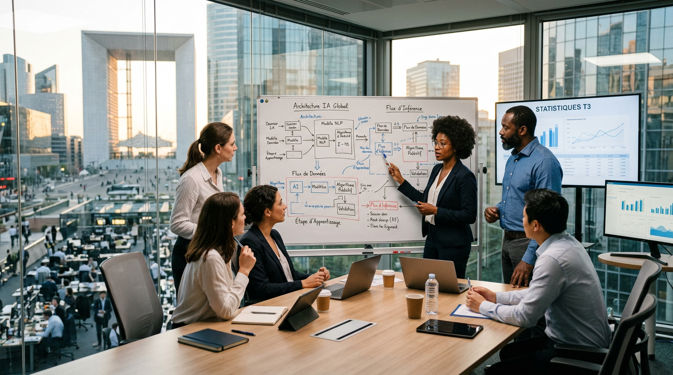 Une équipe projet discutant de l'orchestration de processus IA, un enjeu clé de la transformation digitale.