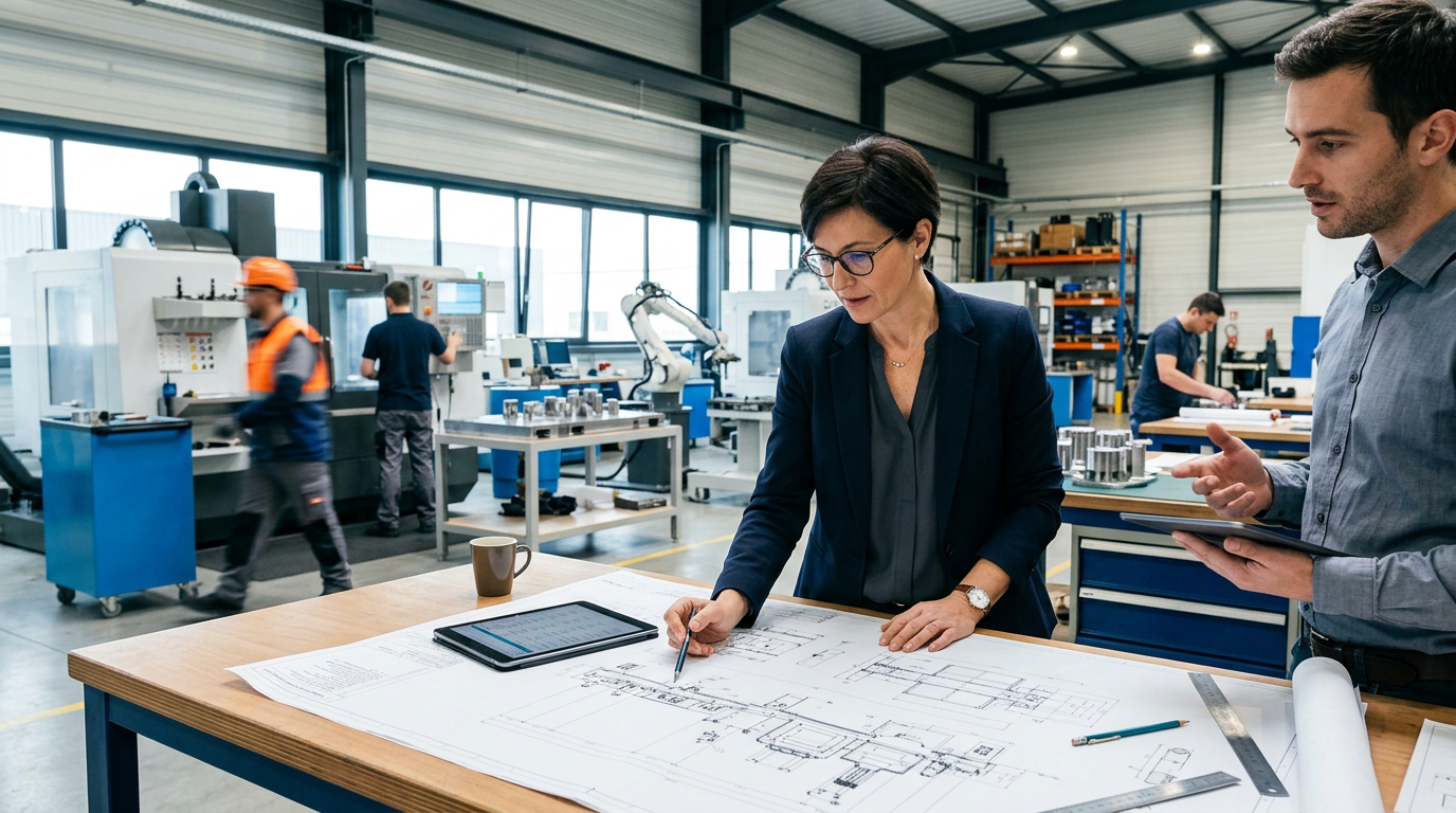 Une dirigeante de PME planifie la réforme des aides aux entreprises dans son atelier.