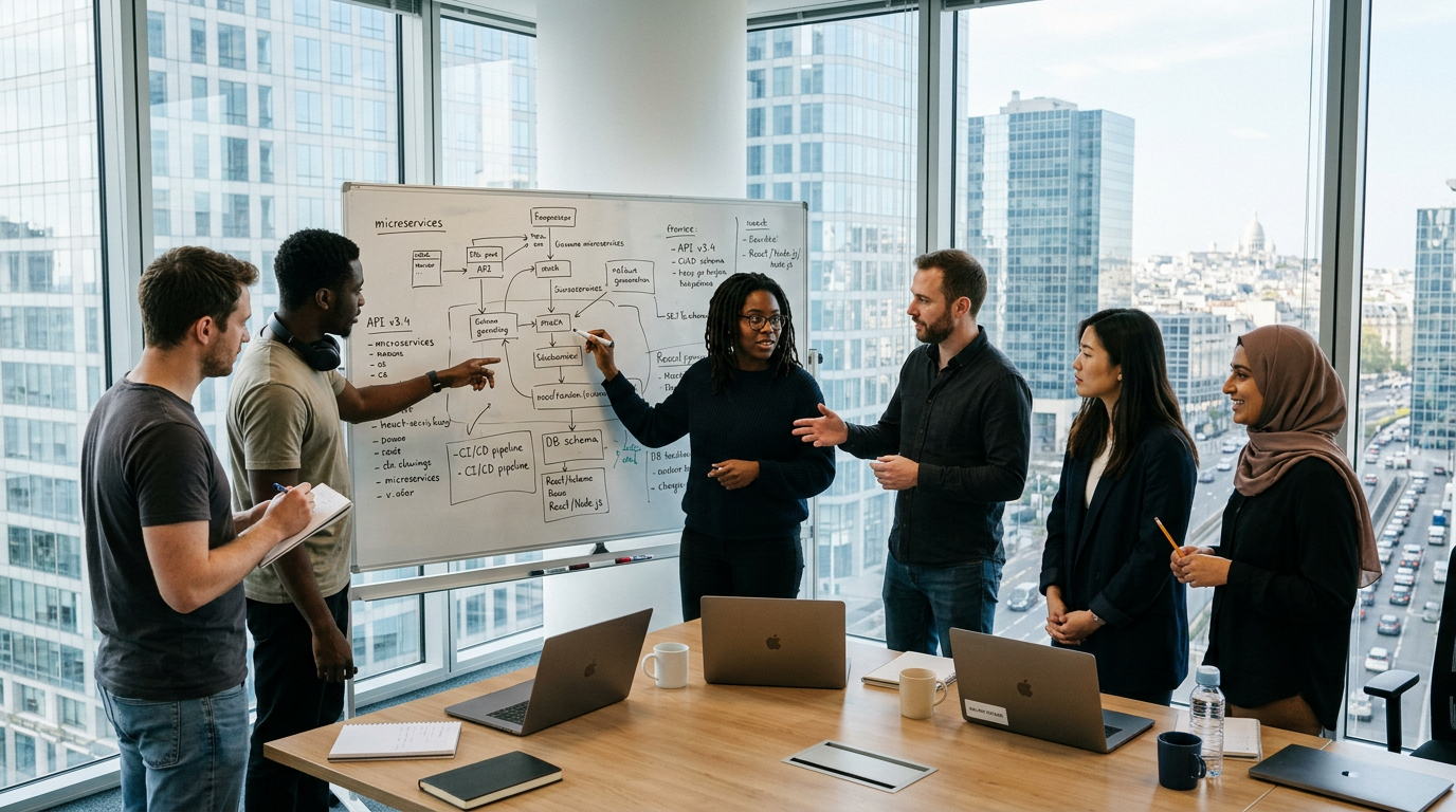 Une équipe technique travaillant ensemble, illustrant la rétention des ingénieurs au sein de l'écosystème startup européen.