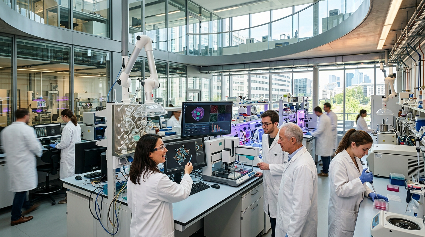 Chercheurs travaillant sur l'innovation biomédicale dans un laboratoire de pointe.