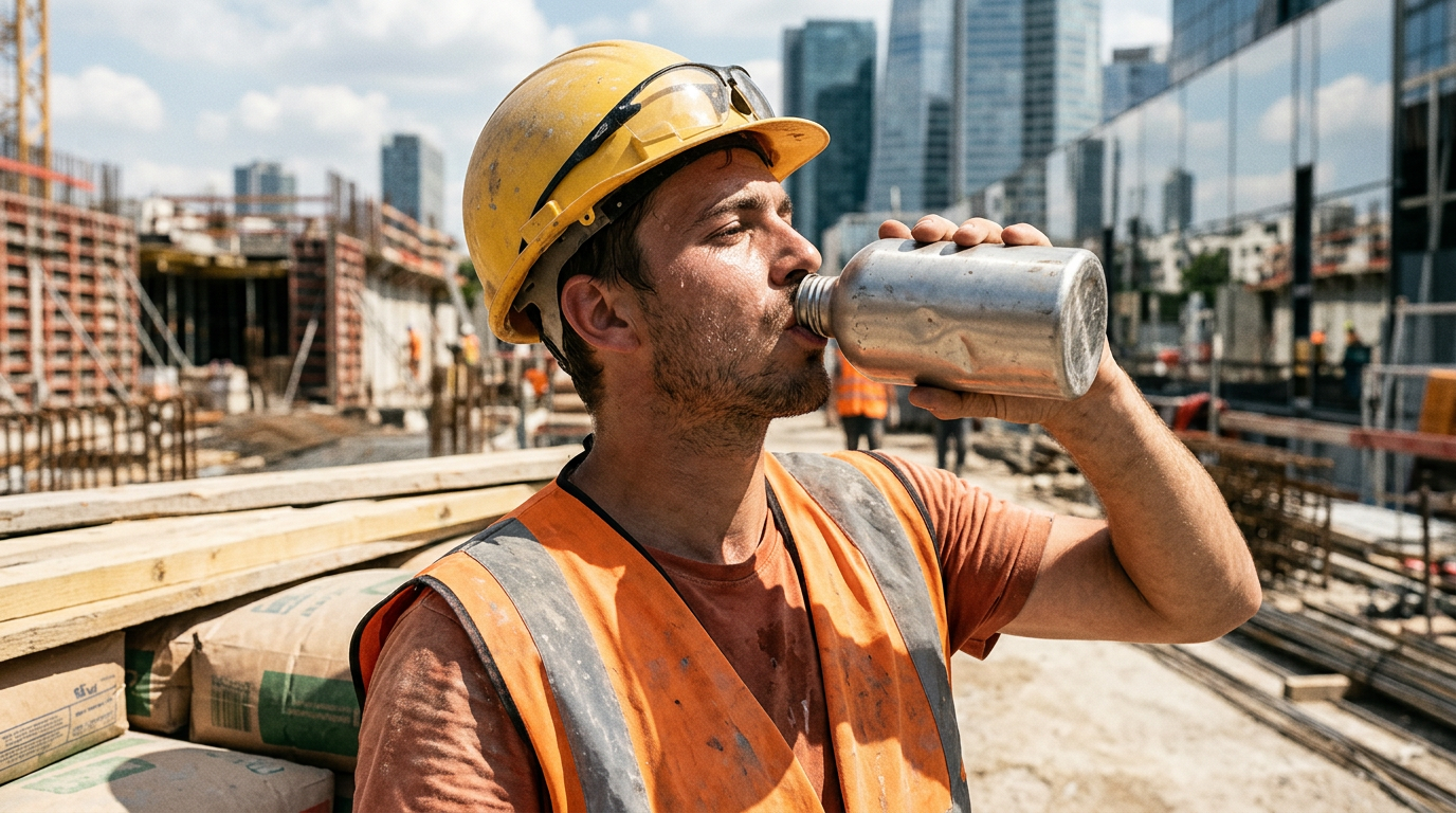 Un travailleur du BTP s'hydrate pour se protéger des risques liés à la chaleur intense sur un chantier.