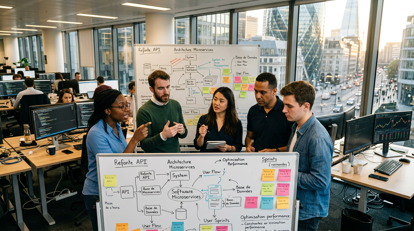Une équipe de développeurs travaillant sur un tableau blanc, illustrant le financement de startup IA en phase d'amorçage.
