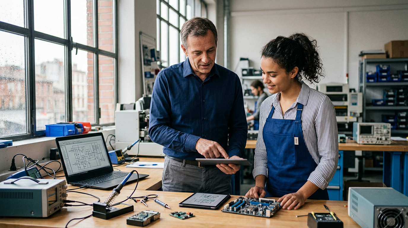 Jeunes professionnels en formation au sein d'une PME, illustrant les enjeux de l'emploi et de l'intégration.