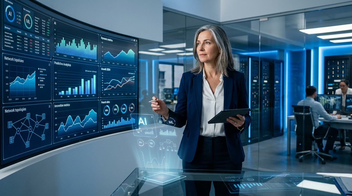 Un dirigeant analysant des données d'IA, symbolisant les opportunités de croissance pour les entreprises.