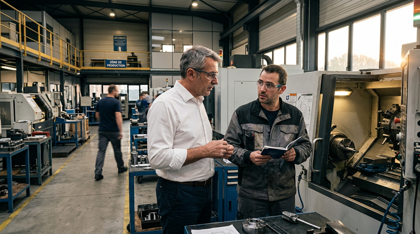 Deux dirigeants de PME analysant le climat des affaires devant une machine industrielle.
