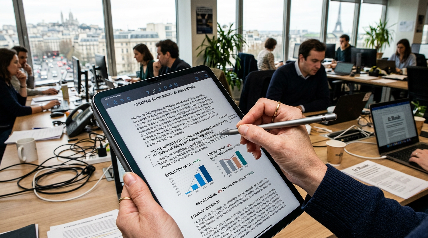 Un dirigeant de PME supervise la mise en place d'une politique de transparence pour l'IA.