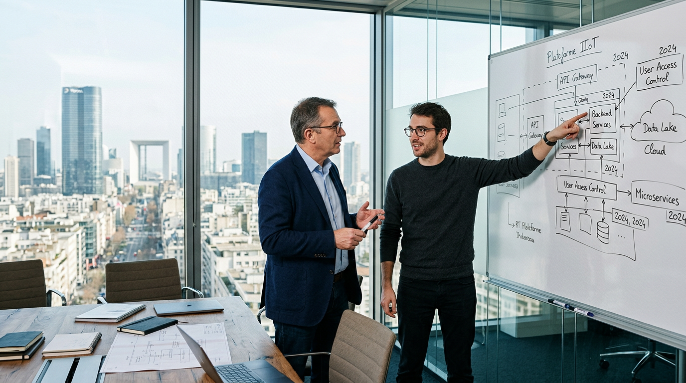Un dirigeant élabore le modèle économique d'une marketplace B2B sur un tableau blanc.