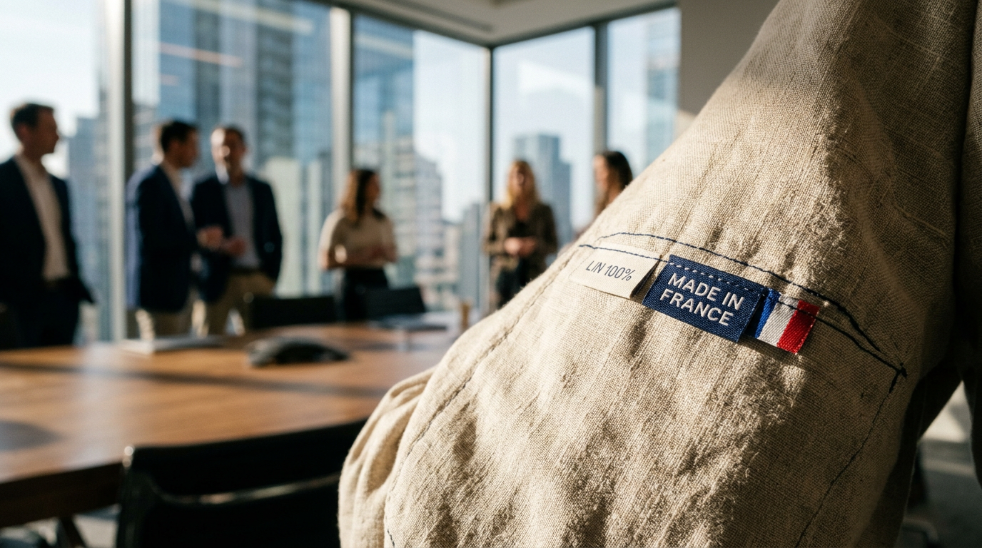 Étiquettes 'Made in France' sur des vêtements, un élément clé du business plan mode pour justifier un positionnement premium.