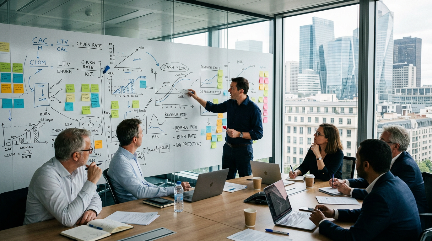 Schéma d'un modèle économique SaaS sur un tableau blanc, illustrant les défis de l'hypercroissance pour une startup.