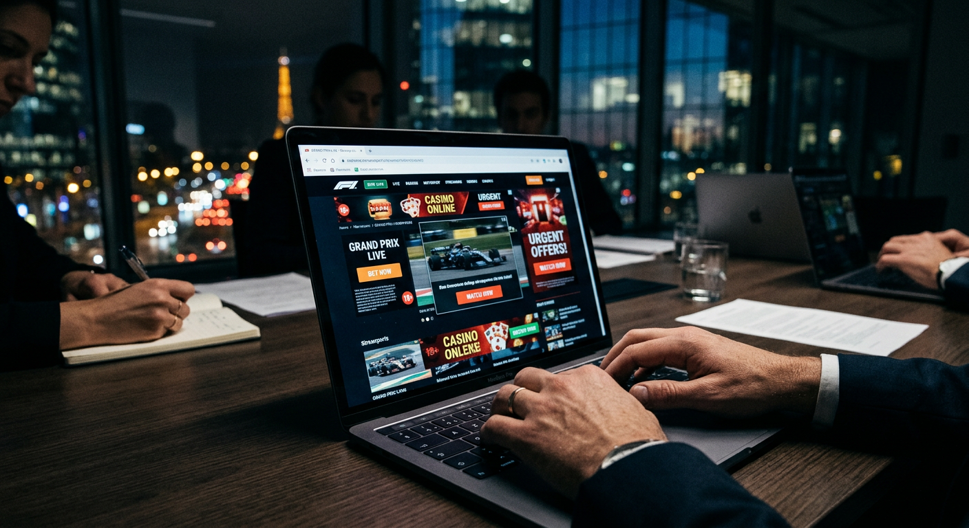 Un ordinateur portable affichant un site de streaming sportif, illustrant les risques du streaming illégal F1 pour la sécurité numérique.