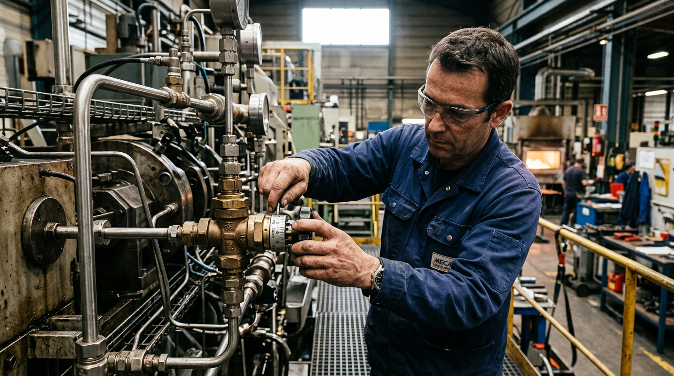 Technicien réalisant des ajustements pour l'efficacité énergétique d'une machine, un levier clé de la transition énergétique des PME.