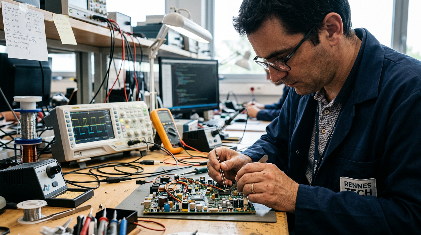 Un ingénieur d'une PME de défense à Rennes assemble un composant pour la supply chain défense.
