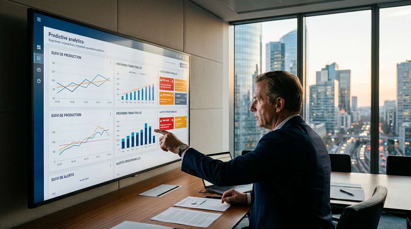 Un dirigeant de PME analyse un tableau de bord prédictif sur son logiciel de gestion intégré.
