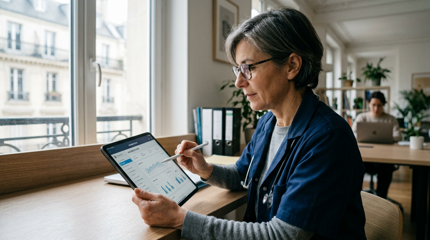 Un médecin utilise une tablette pour la gestion de dossiers patients, illustrant l'enjeu de la santé numérique.