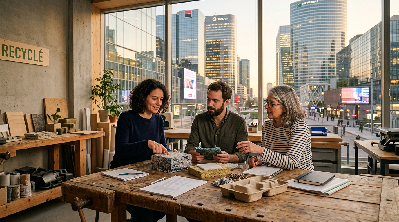 Une équipe de PME discute de son projet de financement PME impact autour d'une table.