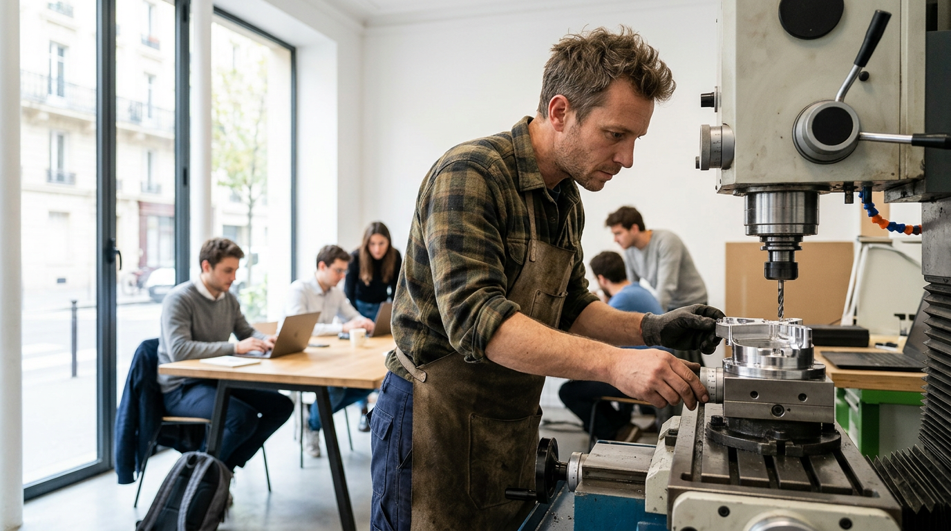 Un technicien travaillant sur une machine-outil de haute précision dans une usine, illustrant le savoir-faire industriel à protéger contre l'espionnage industriel.