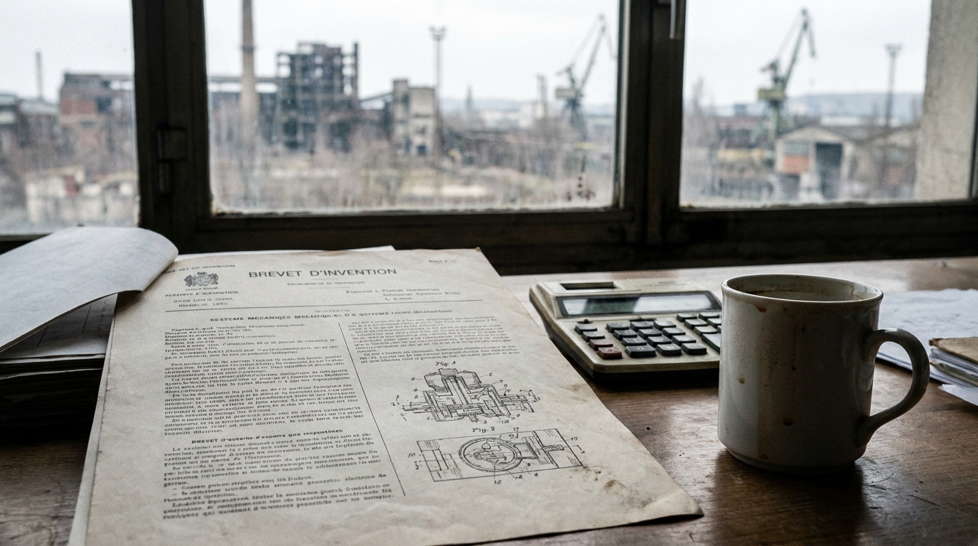 Brevet et plan de capital risque industriel sur un bureau, symbolisant la difficulté de l'industrialisation des startups en France.