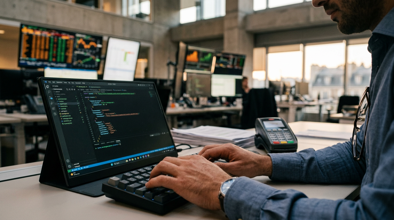 Un développeur intègre une API financière pour une solution de finance embarquée, illustrant le concept de Banking-as-a-Service.