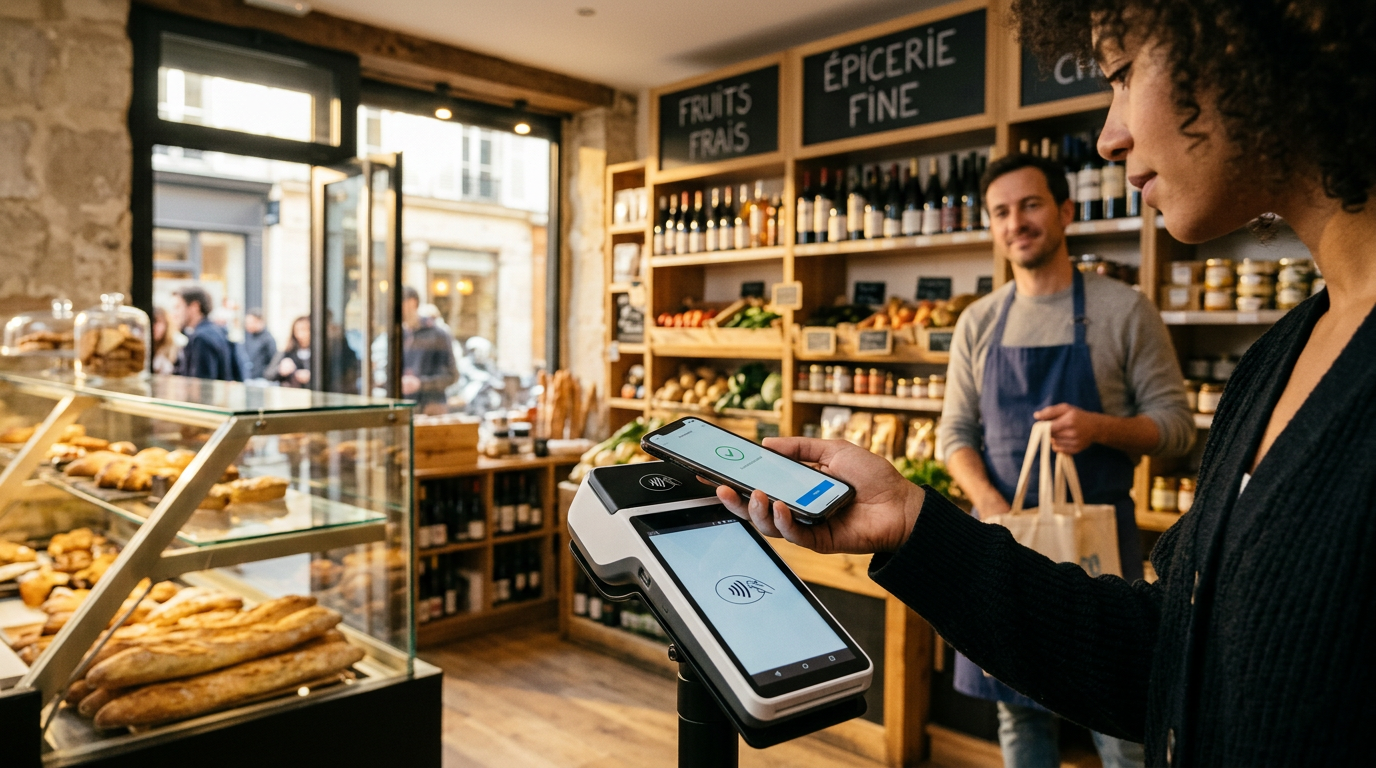Un client effectue un paiement sans contact, illustrant l'innovation dans le secteur du paiement.