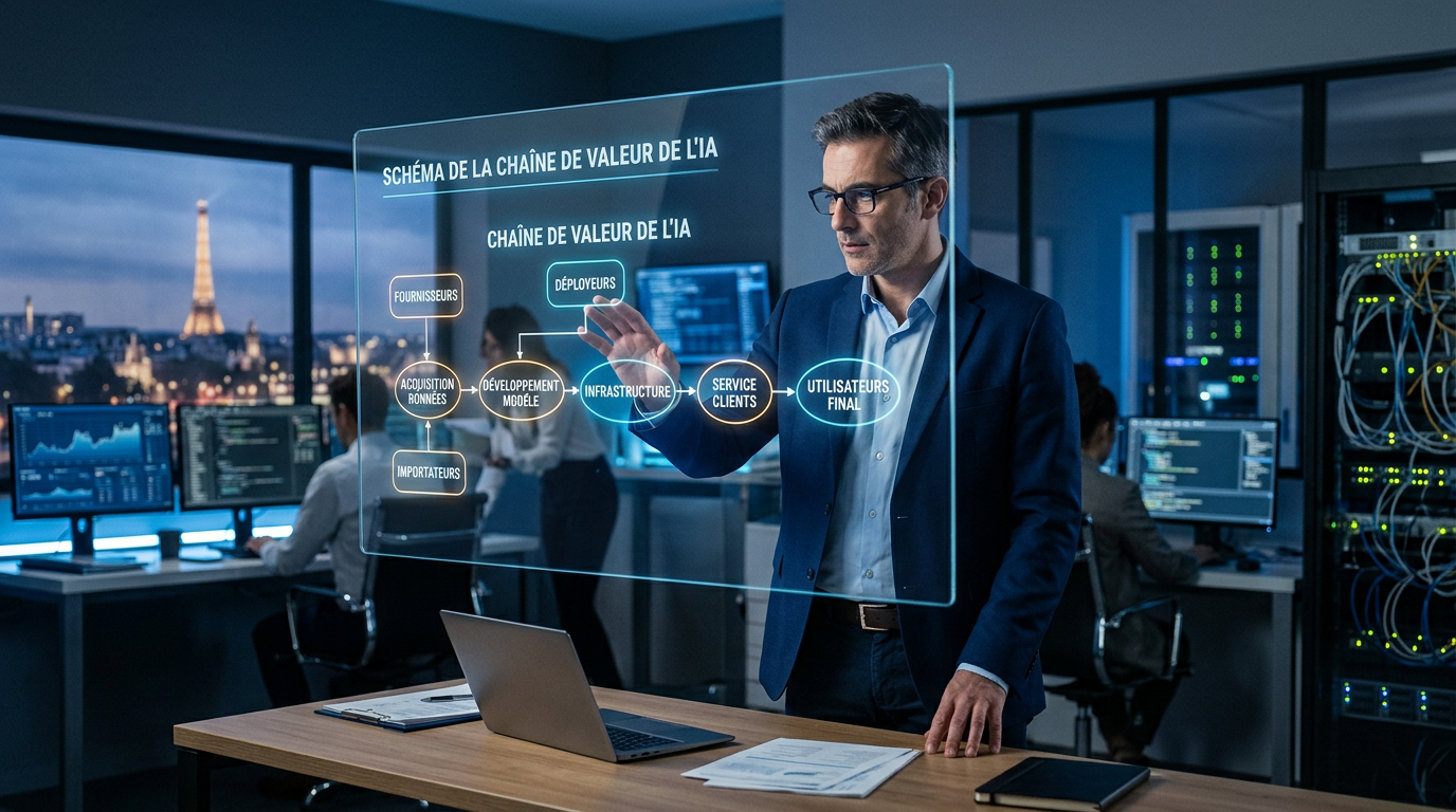 Un dirigeant analysant la chaîne de valeur IA pour assurer la conformité de sa PME à l'AI Act.