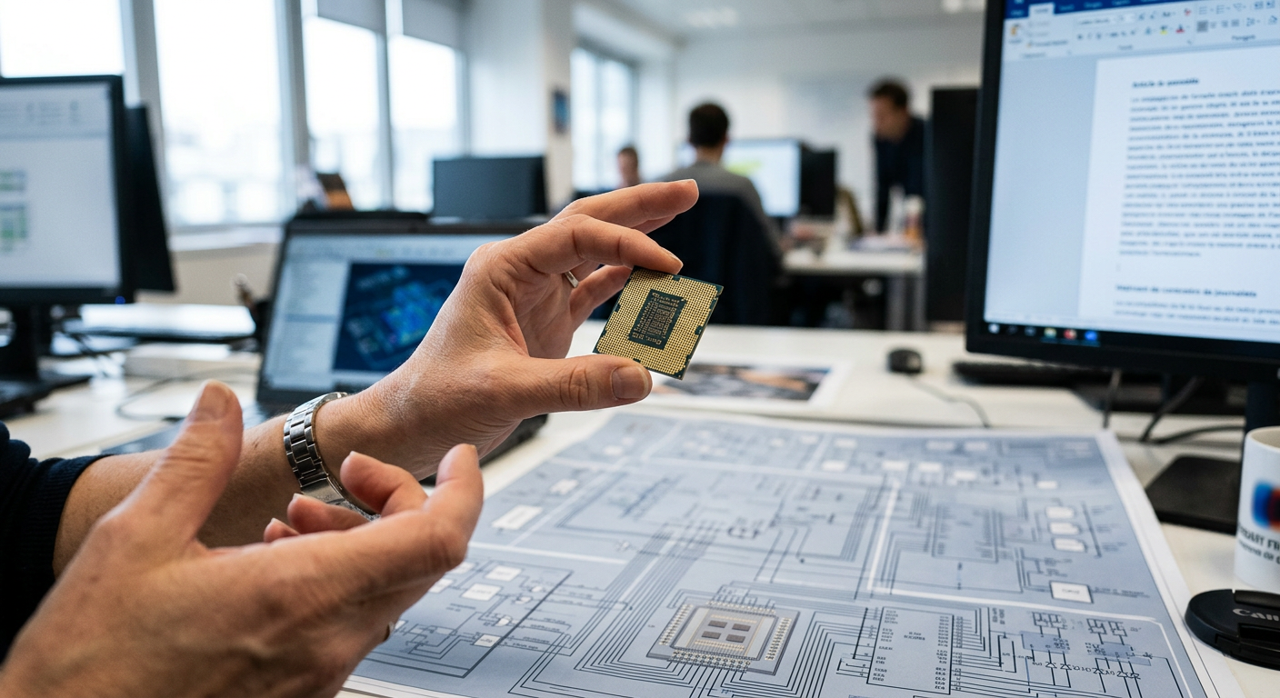 Ingénieur analysant un circuit pour la recherche en numérique durable.