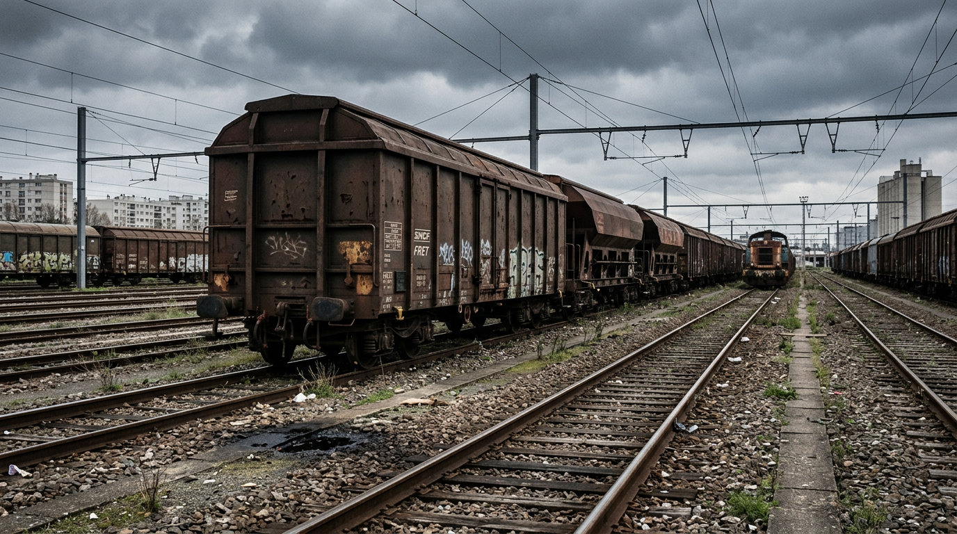 Un train de fret sur une voie de garage, illustration des enjeux du transport ferroviaire en France.