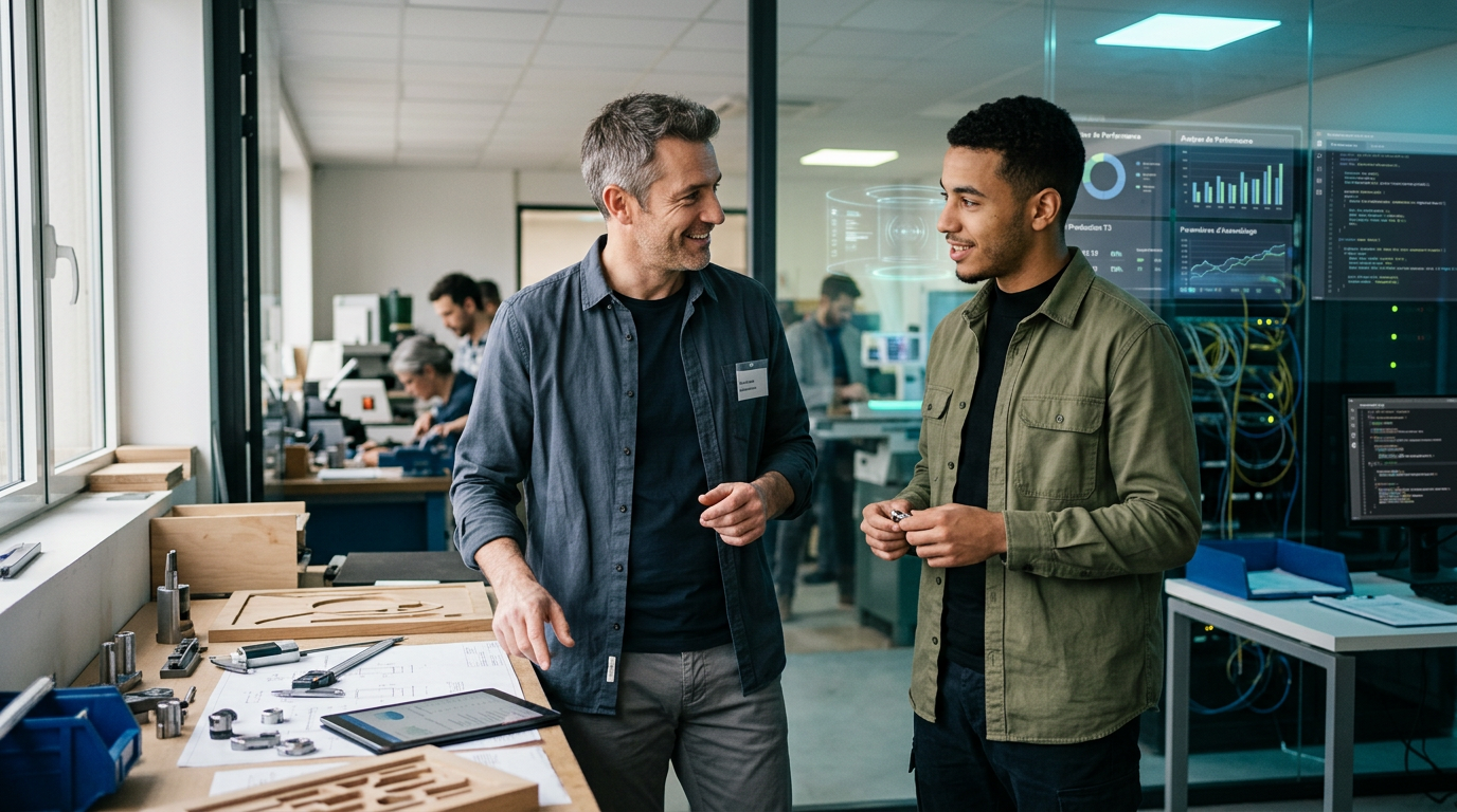 Un dirigeant de PME discute avec un jeune employé dans un atelier, illustrant le matching de compétences.