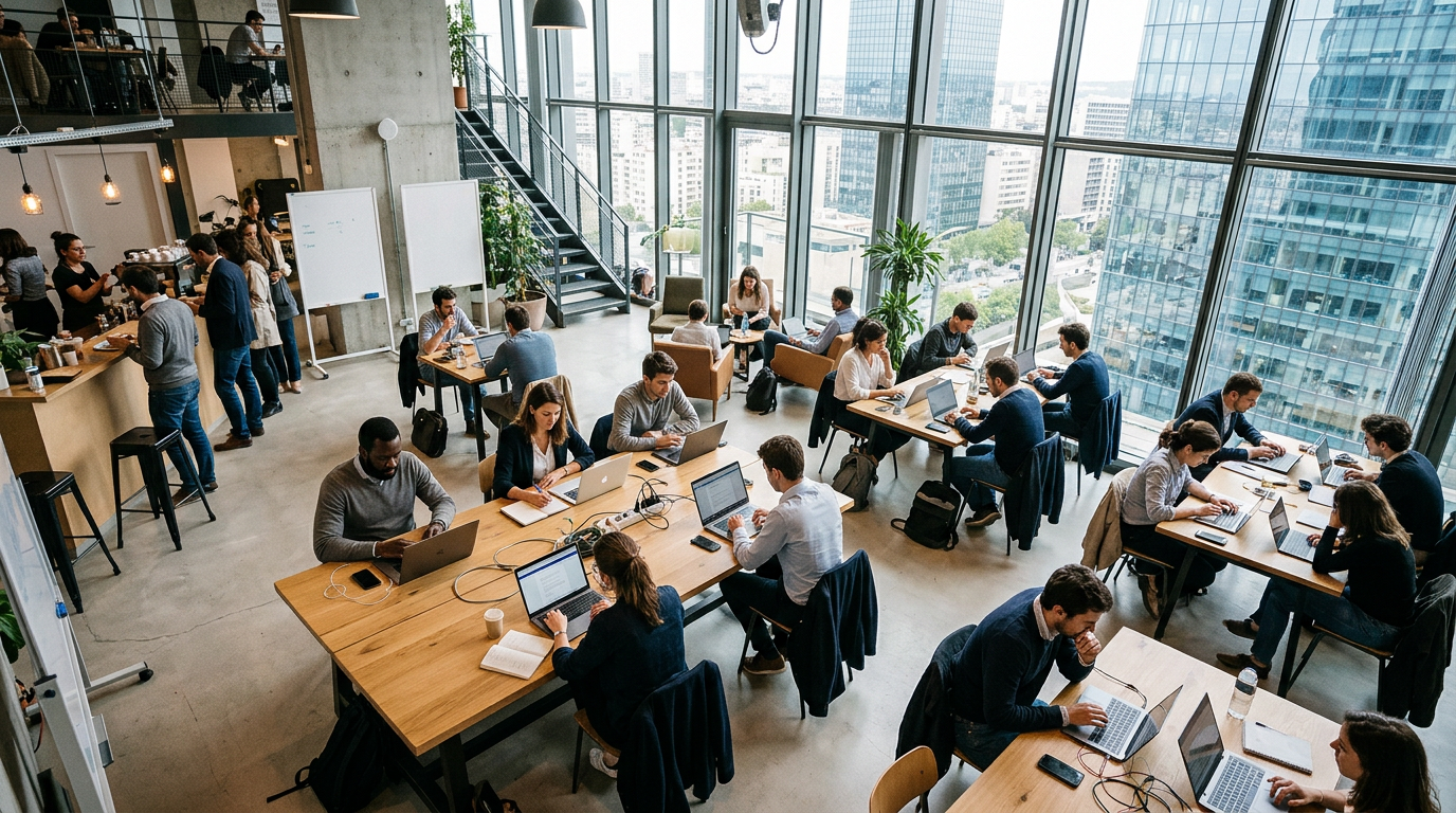 Des professionnels collaborant dans un espace de travail flexible, symbole de l'agilité organisationnelle des entreprises modernes.