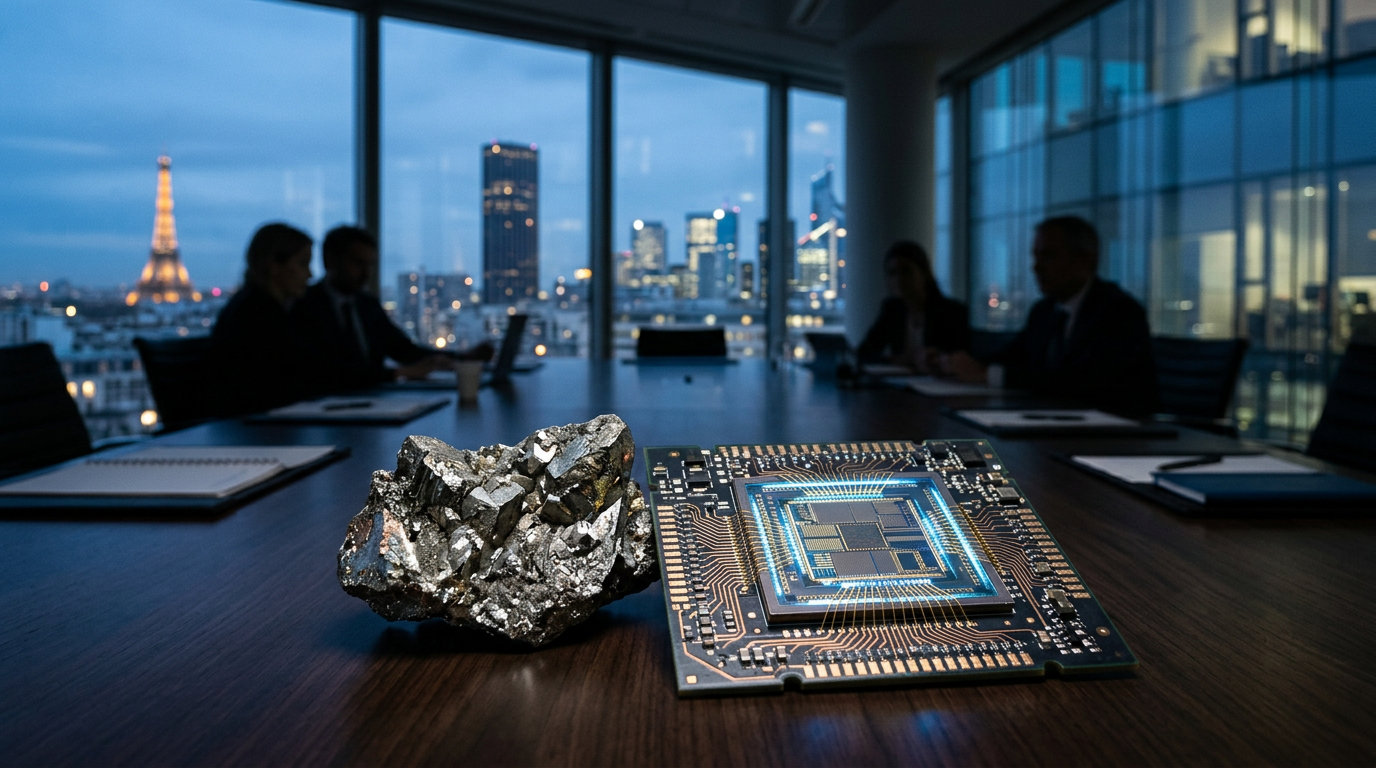 Puce d'intelligence artificielle à côté d'un échantillon de terres rares, illustrant la dépendance de la souveraineté numérique aux matières premières.