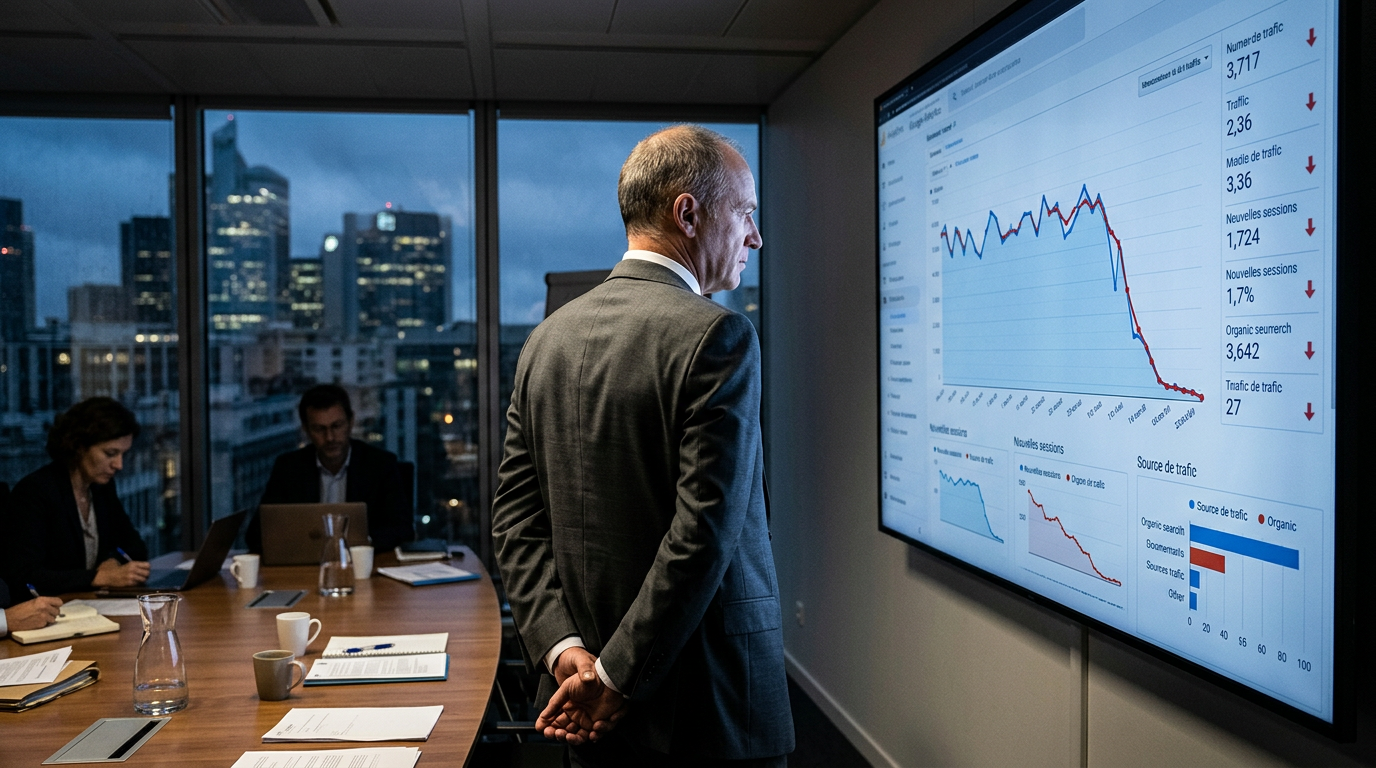 Un dirigeant de PME analyse des graphiques de SEO hijacking sur son tableau de bord, illustrant la chute de trafic.